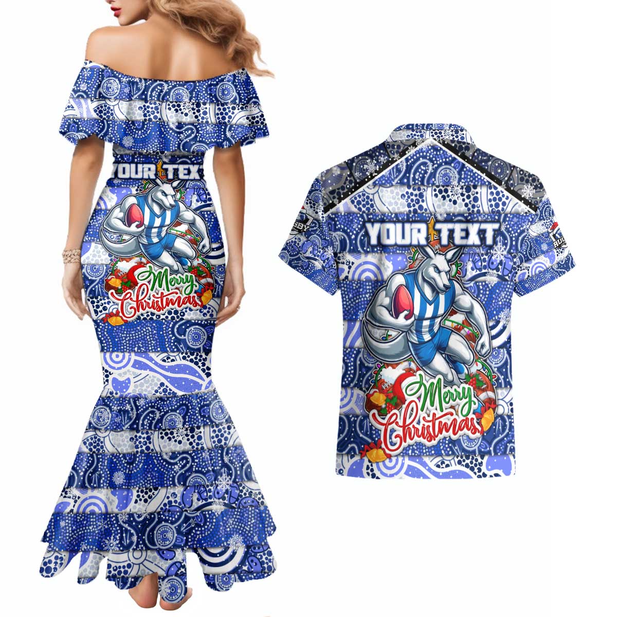 Custom Kangaroos Rugby Merry Christmas Couples Matching Mermaid Dress and Hawaiian Shirt Indigenous Australian Art