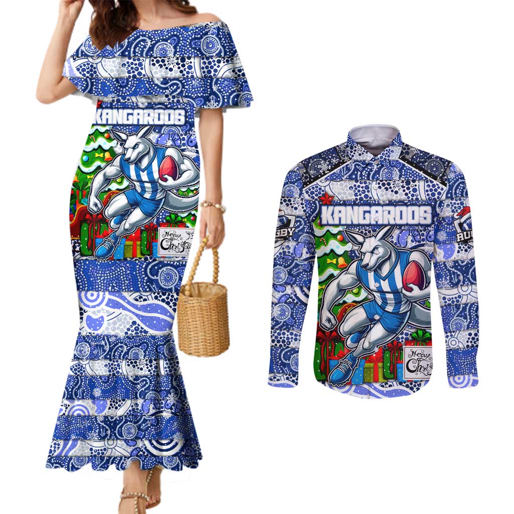 Custom Kangaroos Rugby Merry Christmas Couples Matching Mermaid Dress and Long Sleeve Button Shirt Indigenous Australian Art