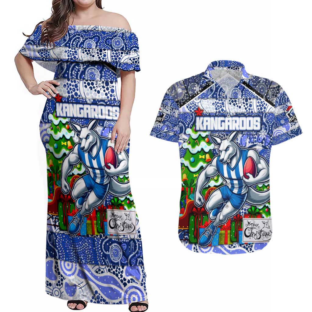 Custom Kangaroos Rugby Merry Christmas Couples Matching Off Shoulder Maxi Dress and Hawaiian Shirt Indigenous Australian Art