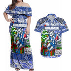 Custom Kangaroos Rugby Merry Christmas Couples Matching Off Shoulder Maxi Dress and Hawaiian Shirt Indigenous Australian Art