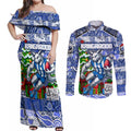 Custom Kangaroos Rugby Merry Christmas Couples Matching Off Shoulder Maxi Dress and Long Sleeve Button Shirt Indigenous Australian Art