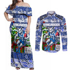 Custom Kangaroos Rugby Merry Christmas Couples Matching Off Shoulder Maxi Dress and Long Sleeve Button Shirt Indigenous Australian Art