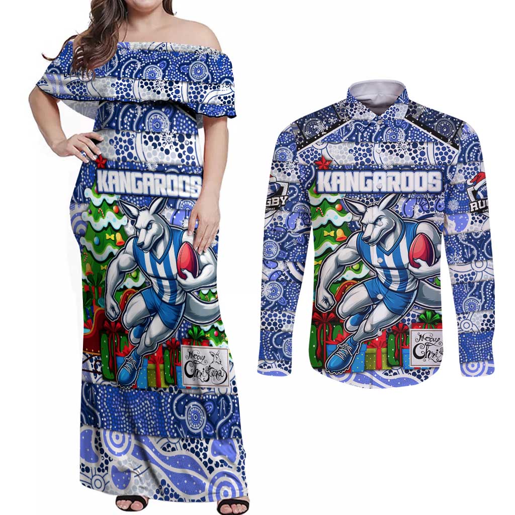 Custom Kangaroos Rugby Merry Christmas Couples Matching Off Shoulder Maxi Dress and Long Sleeve Button Shirt Indigenous Australian Art