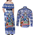 Custom Kangaroos Rugby Merry Christmas Couples Matching Off Shoulder Maxi Dress and Long Sleeve Button Shirt Indigenous Australian Art