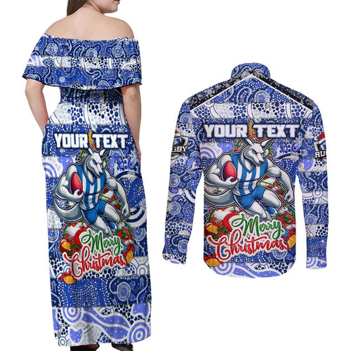 Custom Kangaroos Rugby Merry Christmas Couples Matching Off Shoulder Maxi Dress and Long Sleeve Button Shirt Indigenous Australian Art