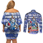 Custom Kangaroos Rugby Merry Christmas Couples Matching Off Shoulder Short Dress and Long Sleeve Button Shirt Indigenous Australian Art
