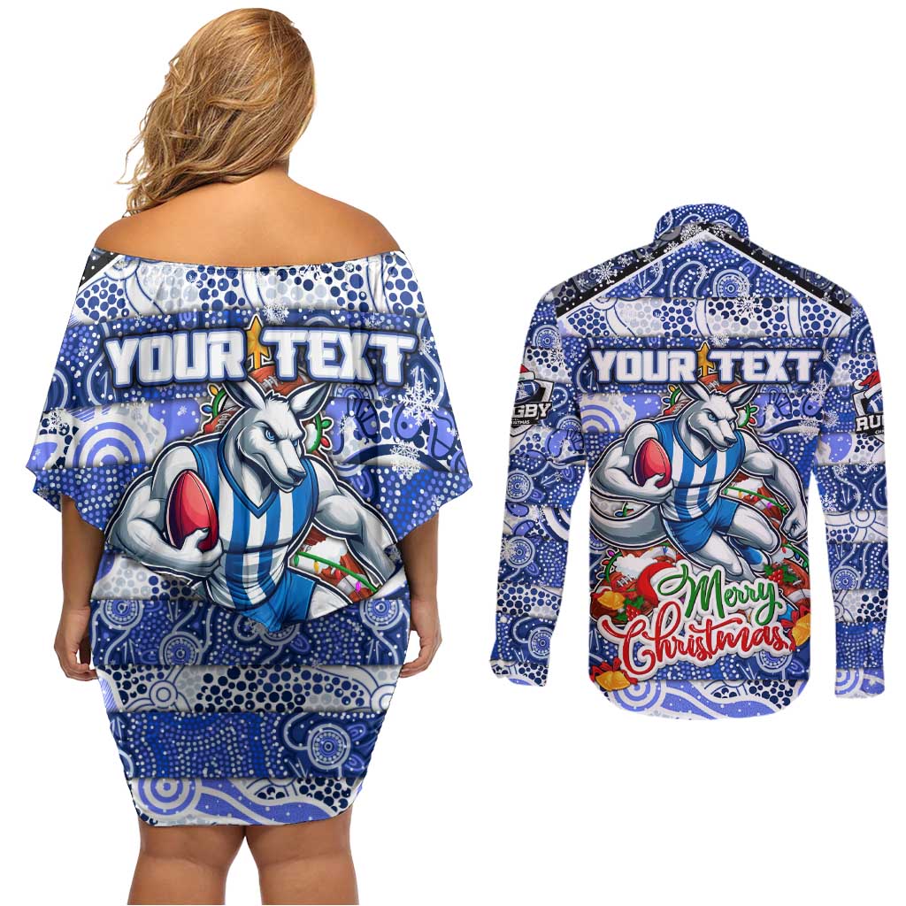 Custom Kangaroos Rugby Merry Christmas Couples Matching Off Shoulder Short Dress and Long Sleeve Button Shirt Indigenous Australian Art