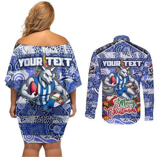 Custom Kangaroos Rugby Merry Christmas Couples Matching Off Shoulder Short Dress and Long Sleeve Button Shirt Indigenous Australian Art