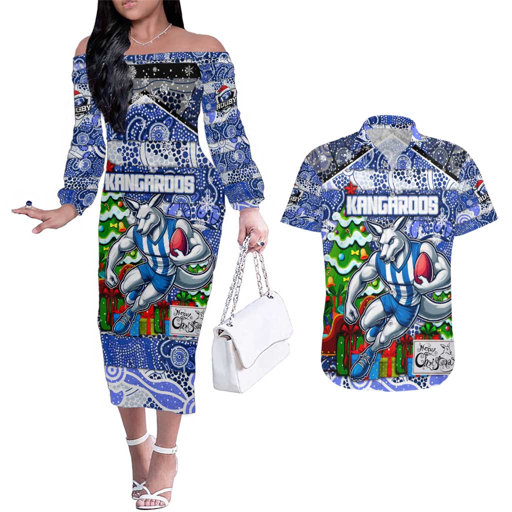 Custom Kangaroos Rugby Merry Christmas Couples Matching Off The Shoulder Long Sleeve Dress and Hawaiian Shirt Indigenous Australian Art