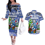 Custom Kangaroos Rugby Merry Christmas Couples Matching Off The Shoulder Long Sleeve Dress and Hawaiian Shirt Indigenous Australian Art