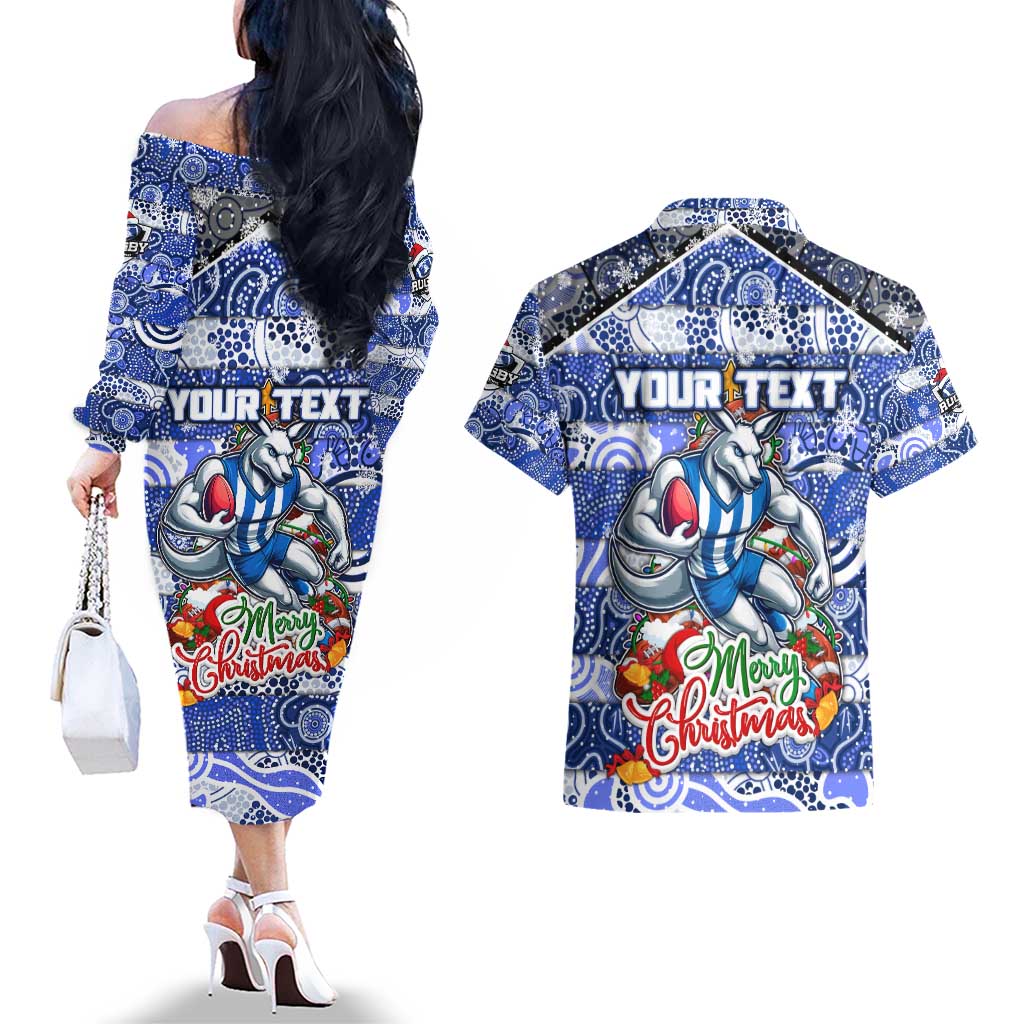 Custom Kangaroos Rugby Merry Christmas Couples Matching Off The Shoulder Long Sleeve Dress and Hawaiian Shirt Indigenous Australian Art