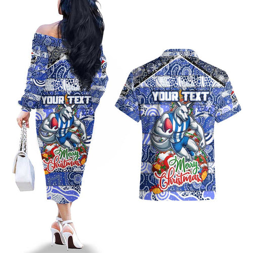 Custom Kangaroos Rugby Merry Christmas Couples Matching Off The Shoulder Long Sleeve Dress and Hawaiian Shirt Indigenous Australian Art