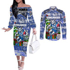 Custom Kangaroos Rugby Merry Christmas Couples Matching Off The Shoulder Long Sleeve Dress and Long Sleeve Button Shirt Indigenous Australian Art