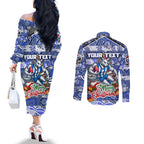 Custom Kangaroos Rugby Merry Christmas Couples Matching Off The Shoulder Long Sleeve Dress and Long Sleeve Button Shirt Indigenous Australian Art