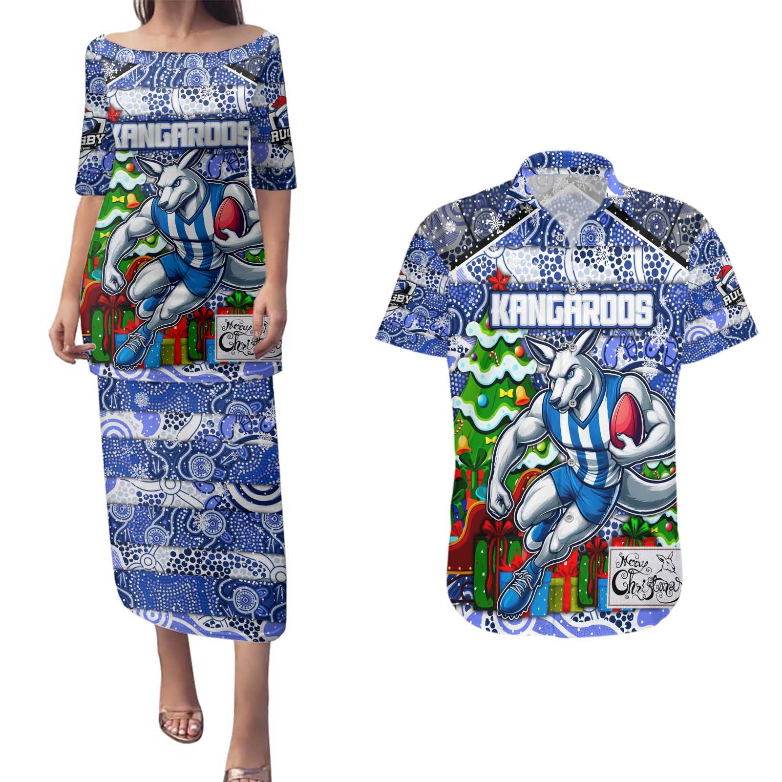 Custom Kangaroos Rugby Merry Christmas Couples Matching Puletasi and Hawaiian Shirt Indigenous Australian Art