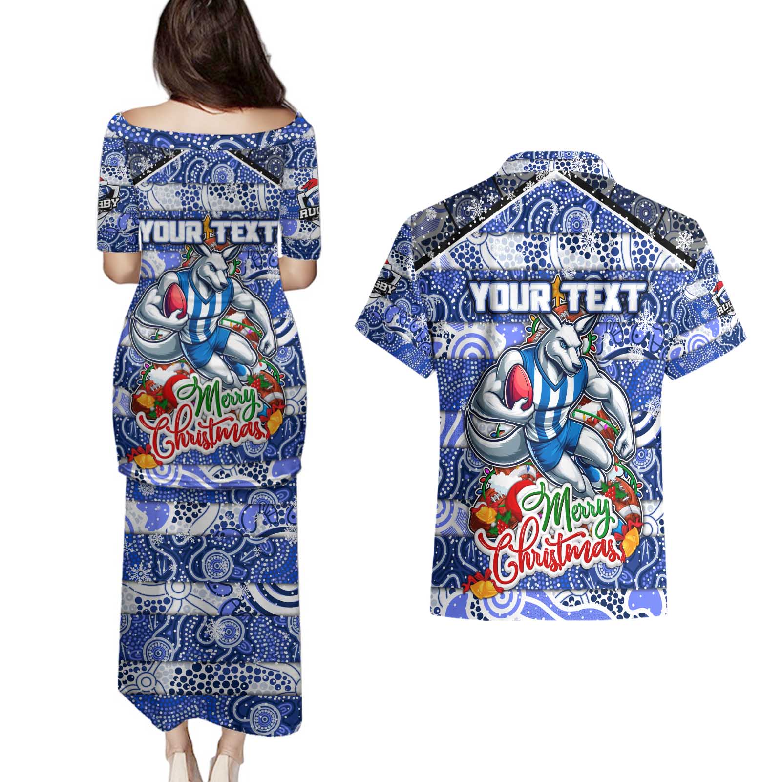 Custom Kangaroos Rugby Merry Christmas Couples Matching Puletasi and Hawaiian Shirt Indigenous Australian Art