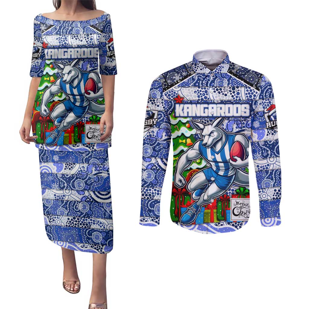 Custom Kangaroos Rugby Merry Christmas Couples Matching Puletasi and Long Sleeve Button Shirt Indigenous Australian Art
