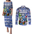 Custom Kangaroos Rugby Merry Christmas Couples Matching Puletasi and Long Sleeve Button Shirt Indigenous Australian Art