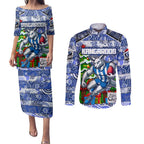 Custom Kangaroos Rugby Merry Christmas Couples Matching Puletasi and Long Sleeve Button Shirt Indigenous Australian Art