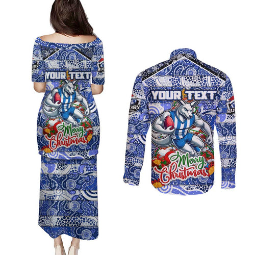 Custom Kangaroos Rugby Merry Christmas Couples Matching Puletasi and Long Sleeve Button Shirt Indigenous Australian Art