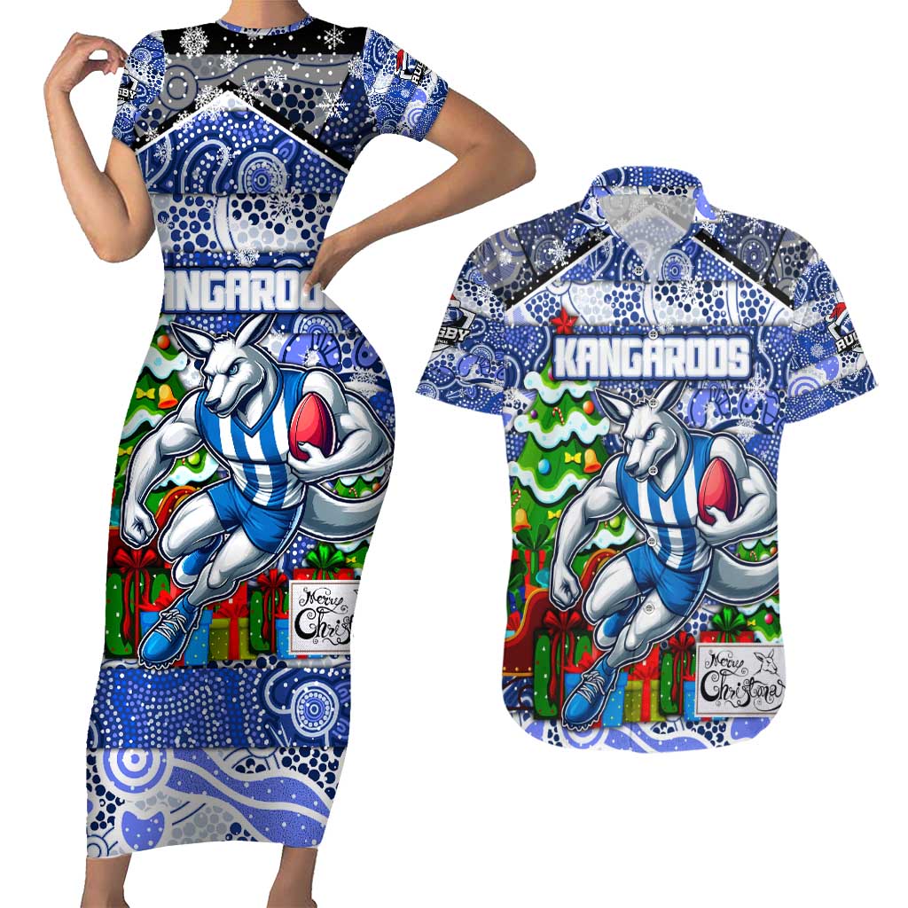 Custom Kangaroos Rugby Merry Christmas Couples Matching Short Sleeve Bodycon Dress and Hawaiian Shirt Indigenous Australian Art
