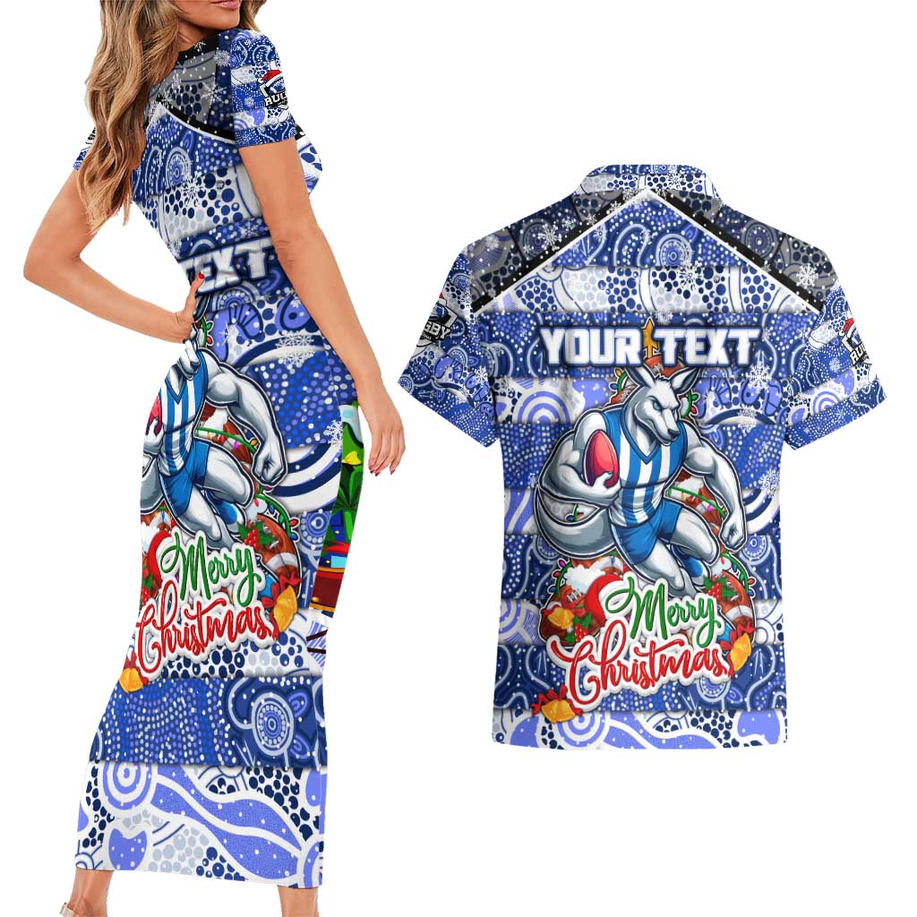 Custom Kangaroos Rugby Merry Christmas Couples Matching Short Sleeve Bodycon Dress and Hawaiian Shirt Indigenous Australian Art