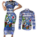 Custom Kangaroos Rugby Merry Christmas Couples Matching Short Sleeve Bodycon Dress and Long Sleeve Button Shirt Indigenous Australian Art
