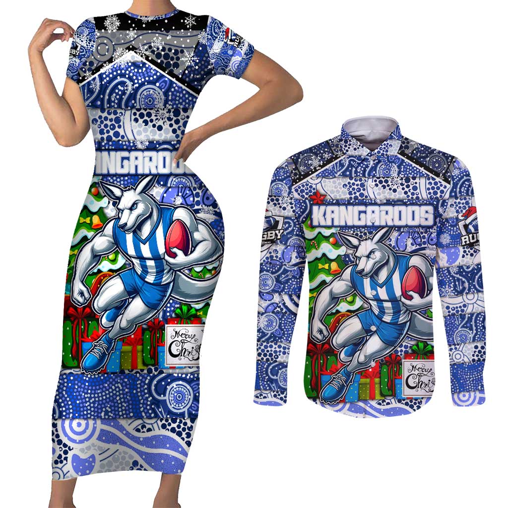 Custom Kangaroos Rugby Merry Christmas Couples Matching Short Sleeve Bodycon Dress and Long Sleeve Button Shirt Indigenous Australian Art