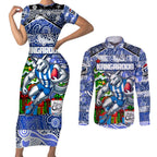 Custom Kangaroos Rugby Merry Christmas Couples Matching Short Sleeve Bodycon Dress and Long Sleeve Button Shirt Indigenous Australian Art