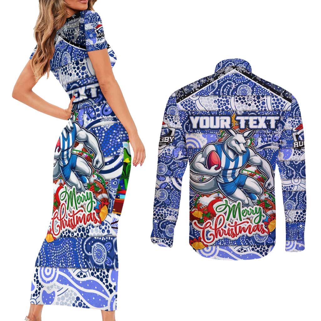 Custom Kangaroos Rugby Merry Christmas Couples Matching Short Sleeve Bodycon Dress and Long Sleeve Button Shirt Indigenous Australian Art