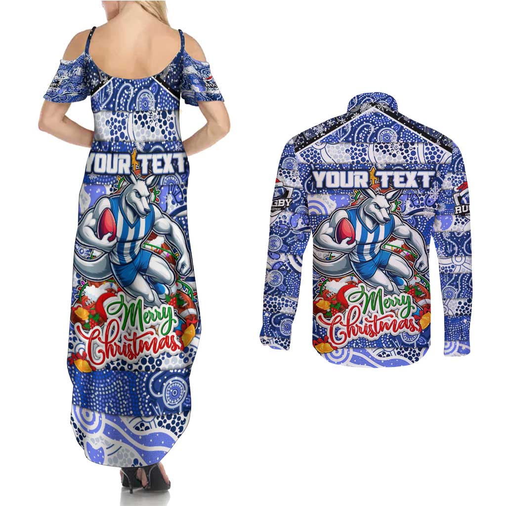 Custom Kangaroos Rugby Merry Christmas Couples Matching Summer Maxi Dress and Long Sleeve Button Shirt Indigenous Australian Art
