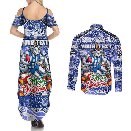 Custom Kangaroos Rugby Merry Christmas Couples Matching Summer Maxi Dress and Long Sleeve Button Shirt Indigenous Australian Art