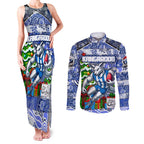 Custom Kangaroos Rugby Merry Christmas Couples Matching Tank Maxi Dress and Long Sleeve Button Shirt Indigenous Australian Art