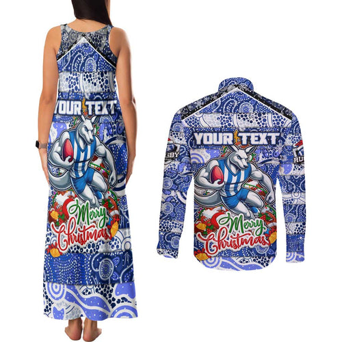 Custom Kangaroos Rugby Merry Christmas Couples Matching Tank Maxi Dress and Long Sleeve Button Shirt Indigenous Australian Art