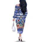 Custom Kangaroos Rugby Merry Christmas Family Matching Off The Shoulder Long Sleeve Dress and Hawaiian Shirt Indigenous Australian Art