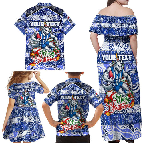Custom Kangaroos Rugby Merry Christmas Family Matching Off Shoulder Maxi Dress and Hawaiian Shirt Indigenous Australian Art
