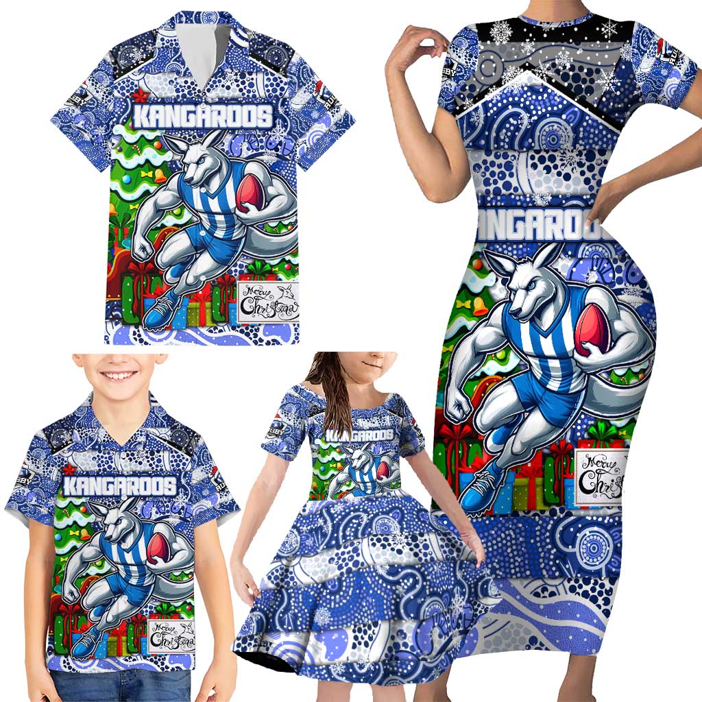 Custom Kangaroos Rugby Merry Christmas Family Matching Short Sleeve Bodycon Dress and Hawaiian Shirt Indigenous Australian Art