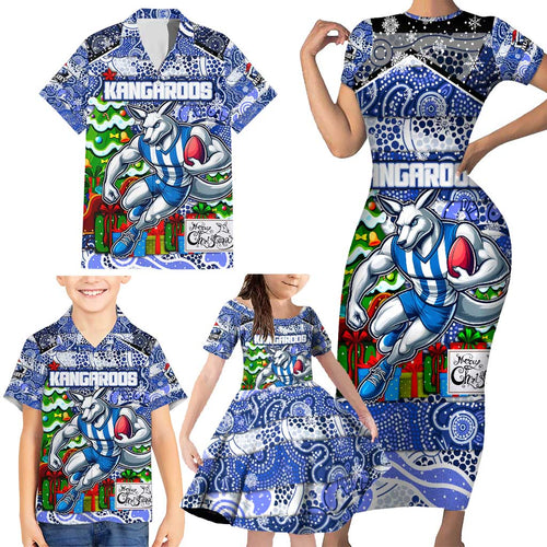 Custom Kangaroos Rugby Merry Christmas Family Matching Short Sleeve Bodycon Dress and Hawaiian Shirt Indigenous Australian Art