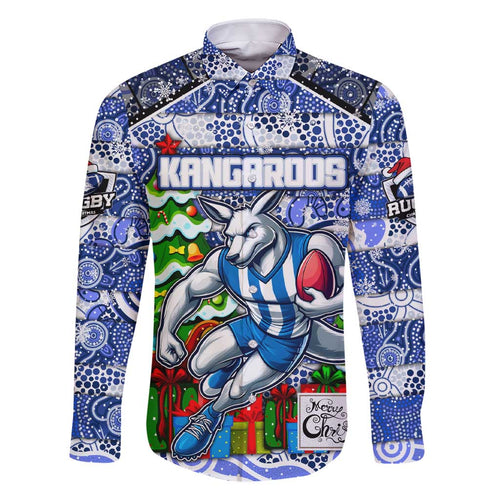 Custom Kangaroos Rugby Merry Christmas Family Matching Short Sleeve Bodycon Dress and Hawaiian Shirt Indigenous Australian Art