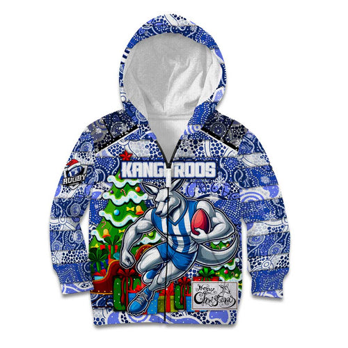 Custom Kangaroos Rugby Merry Christmas Kid Hoodie Indigenous Australian Art
