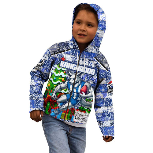 Custom Kangaroos Rugby Merry Christmas Kid Hoodie Indigenous Australian Art