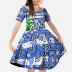 Custom Kangaroos Rugby Merry Christmas Kid Short Sleeve Dress Indigenous Australian Art