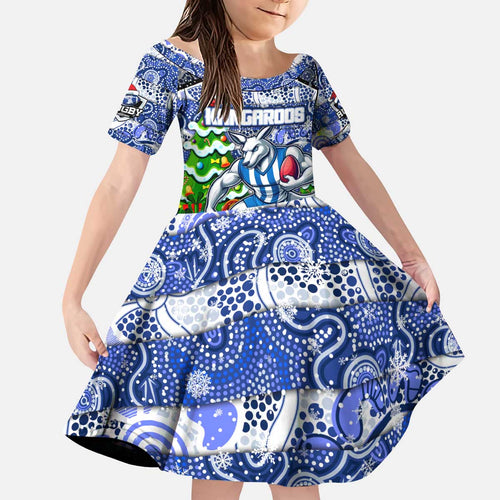 Custom Kangaroos Rugby Merry Christmas Kid Short Sleeve Dress Indigenous Australian Art