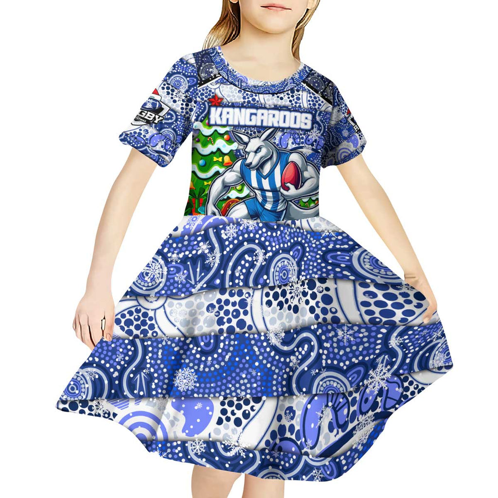 Custom Kangaroos Rugby Merry Christmas Kid Short Sleeve Dress Indigenous Australian Art