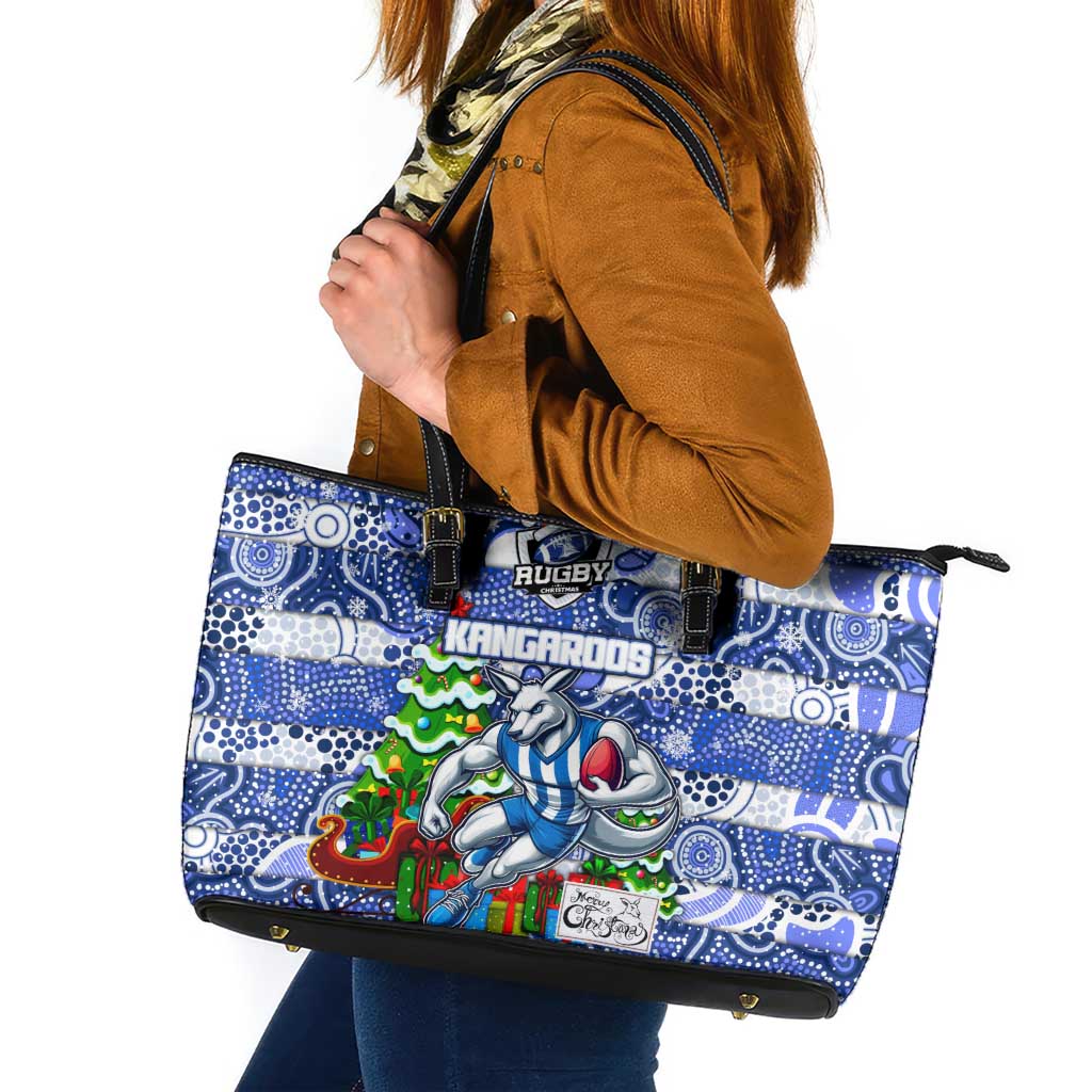 Kangaroos Football Merry Christmas Leather Tote Bag Indigenous Australian Art