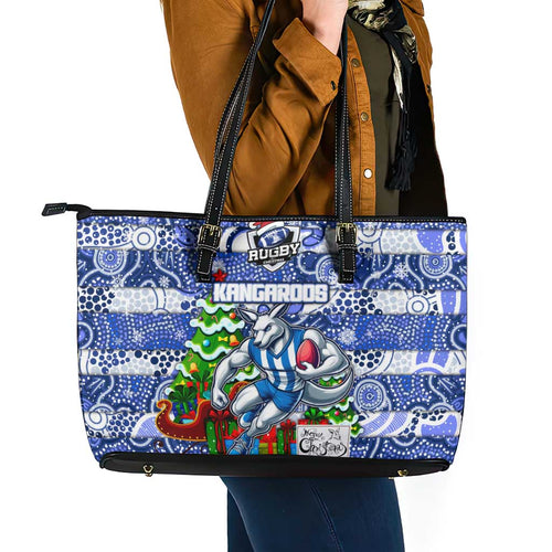Kangaroos Football Merry Christmas Leather Tote Bag Indigenous Australian Art