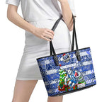 Kangaroos Football Merry Christmas Leather Tote Bag Indigenous Australian Art