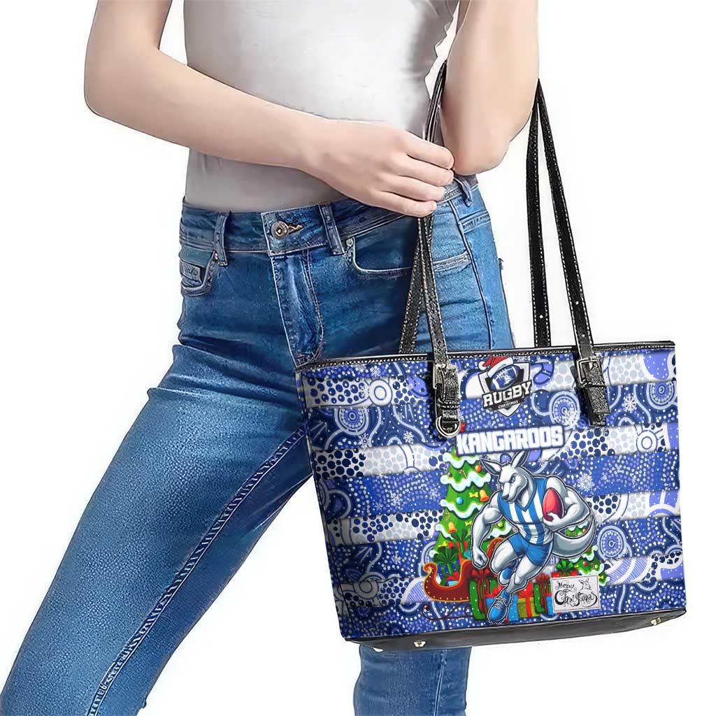 Kangaroos Football Merry Christmas Leather Tote Bag Indigenous Australian Art