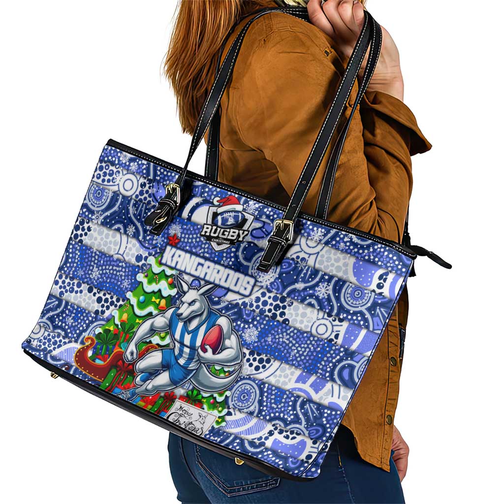 Kangaroos Football Merry Christmas Leather Tote Bag Indigenous Australian Art