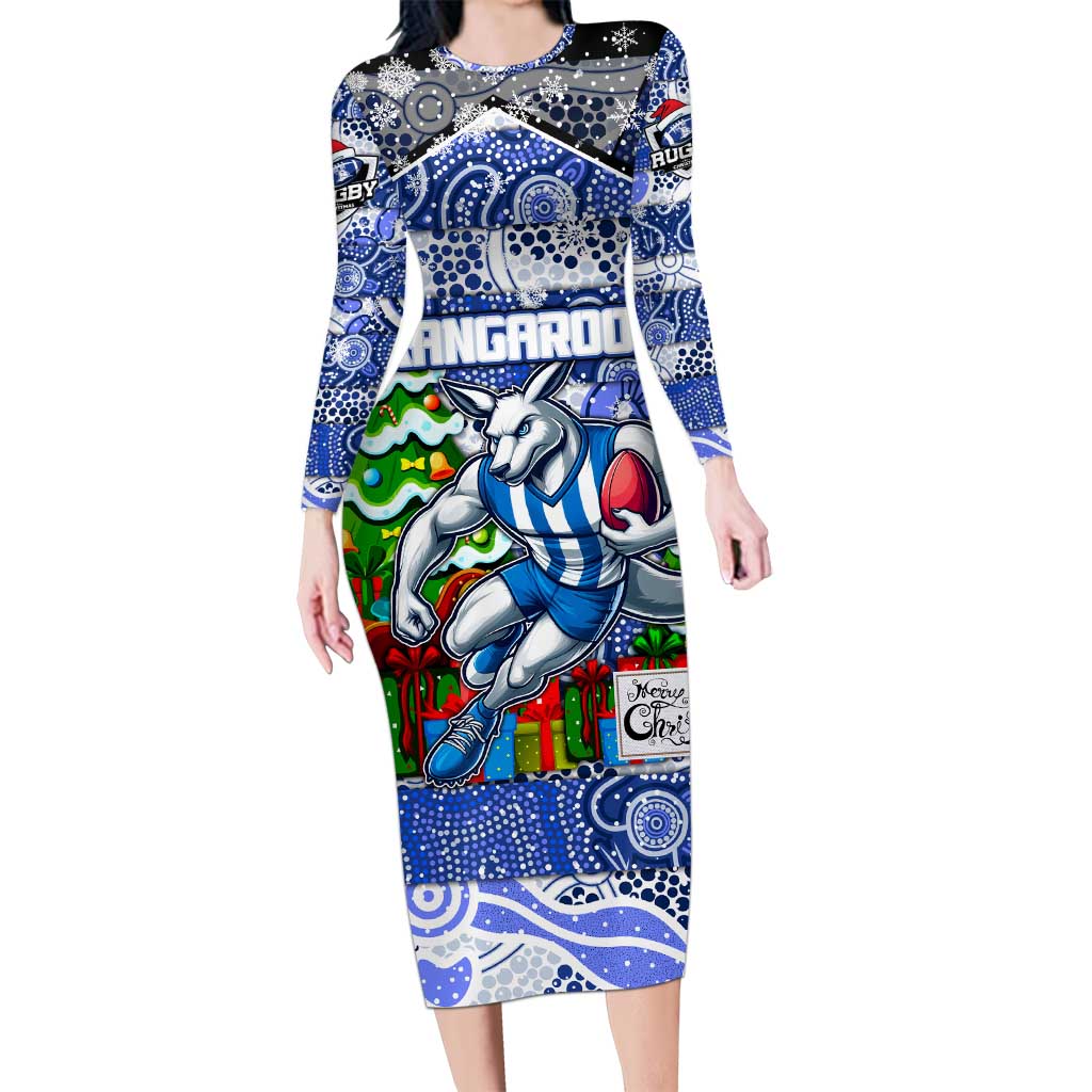 Custom Kangaroos Rugby Merry Christmas Long Sleeve Bodycon Dress Indigenous Australian Art